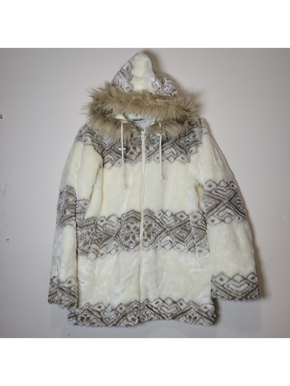 Woman Within Jacket Womens Sz M 14/16 White Brown Snowflake Faux Fur Parka Zip